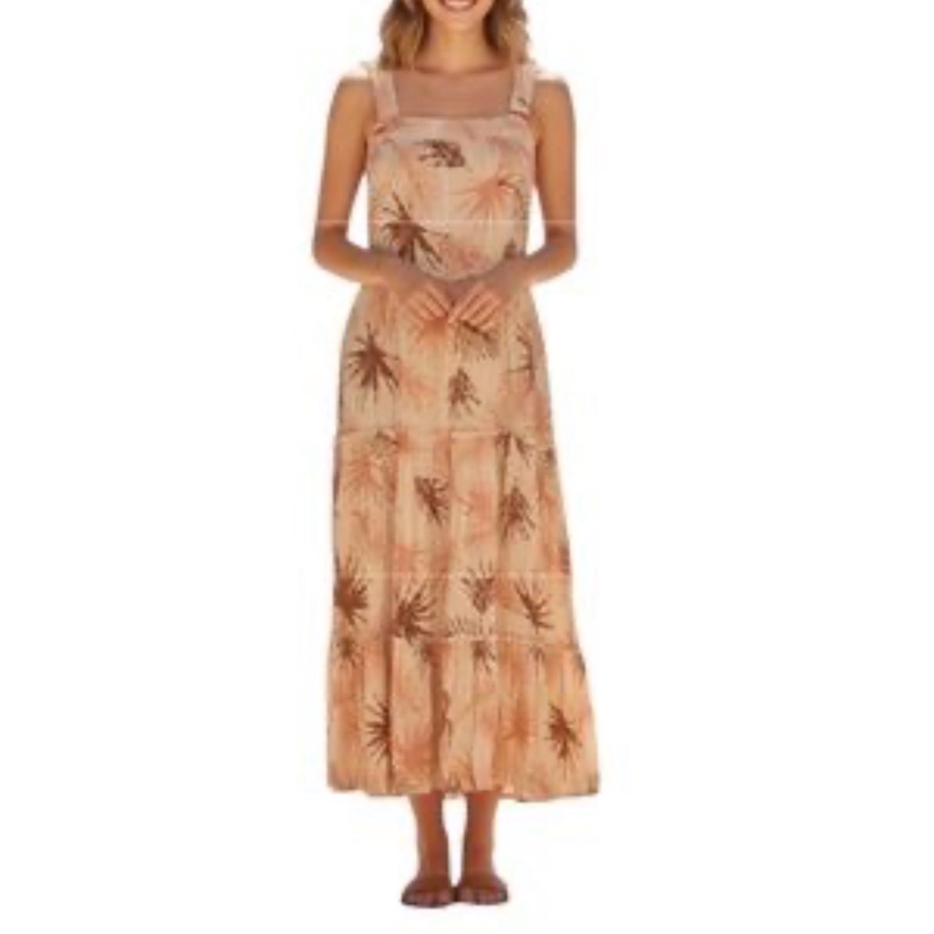 Miss Me Cream Maxi Dress With Peach & Brown Palm Print